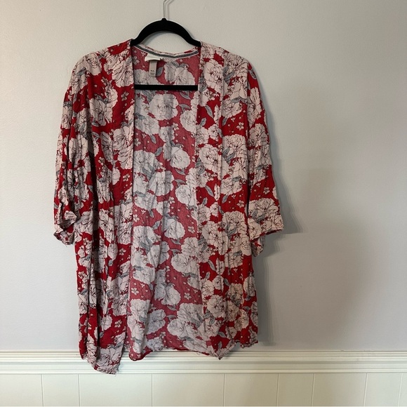 Knox Rose Women’s White & Red Open Front 3/4 Sleeve Floral Kimono Sz M/L GUC - Picture 2 of 8